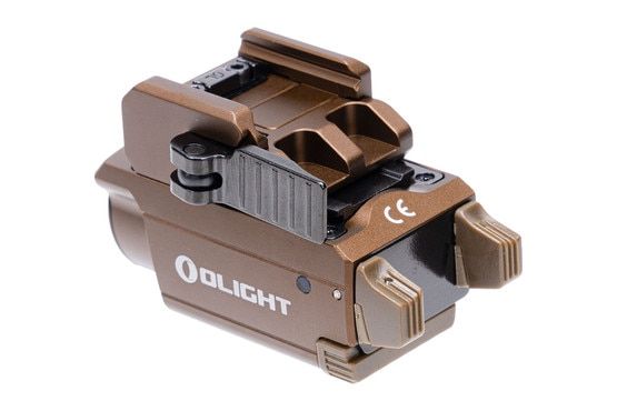 Olight Baldr Mini 600 Lumen Flashlight with Green Laser Sight in Tan features an adjustable rail.